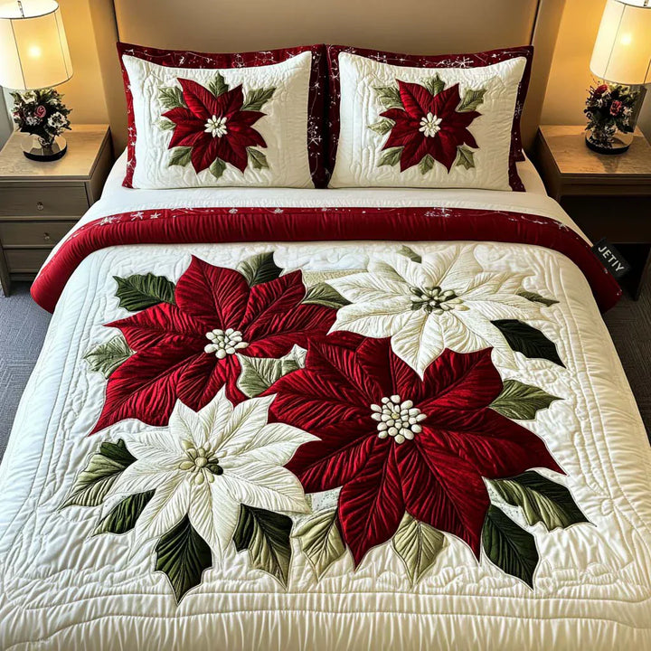 Juego de Ropa de Cama Acolchado de 3 Piezas - Poinsettia de Invierno