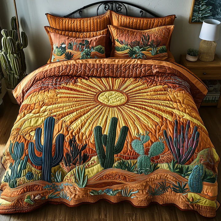 Juego de Ropa de Cama Acolchada de 3 Piezas - Amanecer en el Cactus