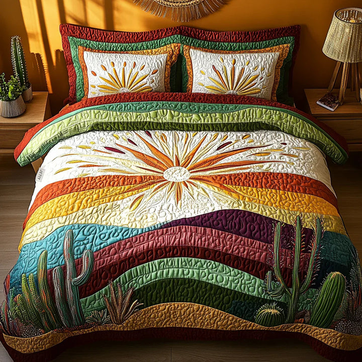 Juego de Ropa de Cama Acolchado de 3 Piezas - Atardecer Entre Cactus
