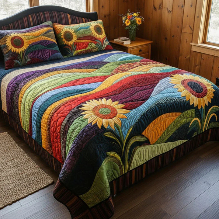 Juego de Ropa de Cama Acolchado de 3 Piezas - Sueños de Girasoles en el Campo