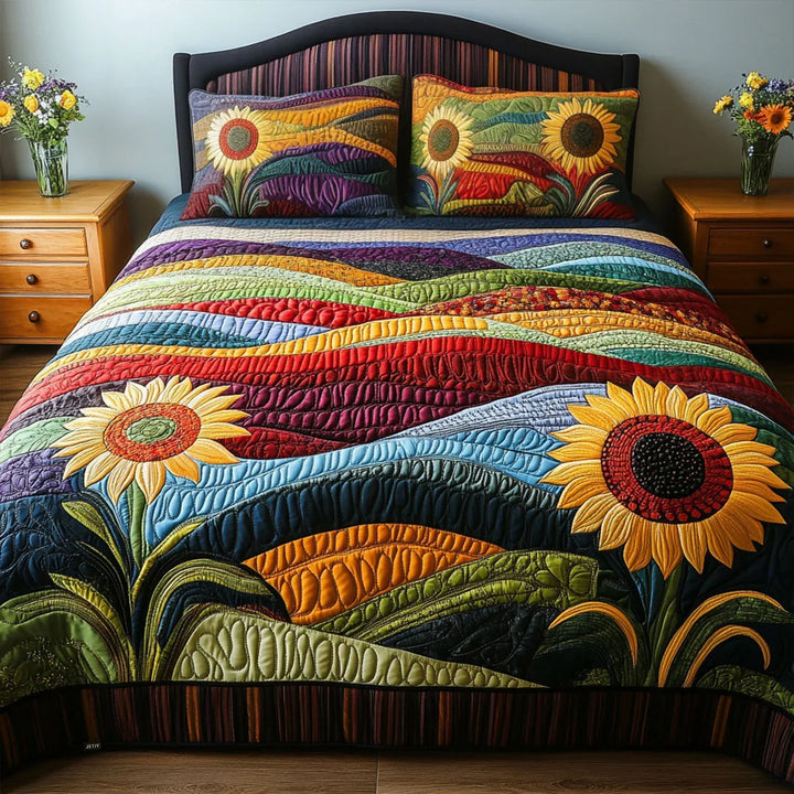 Juego de Ropa de Cama Acolchado de 3 Piezas - Sueños de Girasoles en el Campo