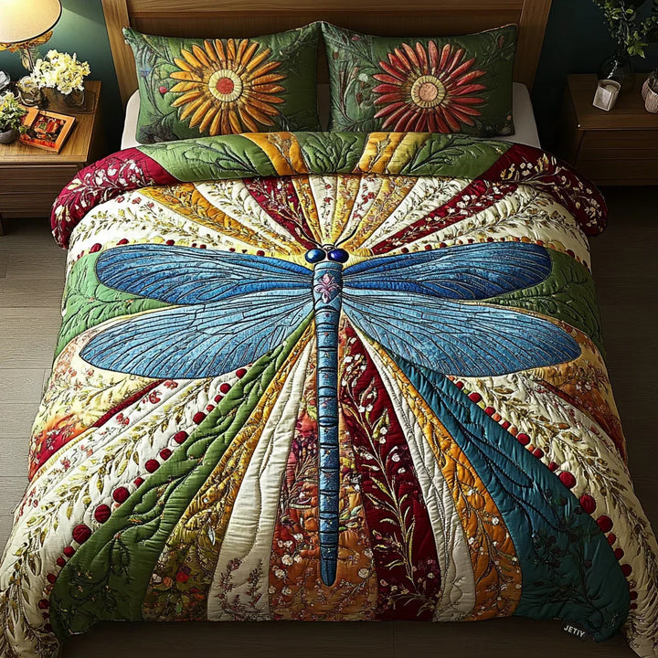 Juego de Ropa de Cama Acolchada de 3 Piezas Libélula Dorada
