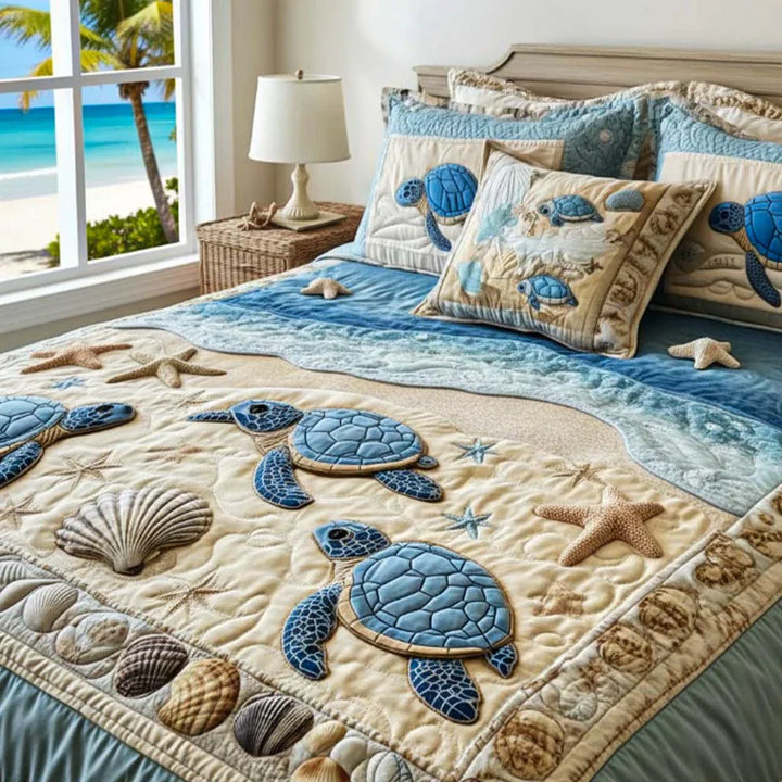 Juego de Ropa de Cama Acolchado de 3 Piezas con Olas del Océano