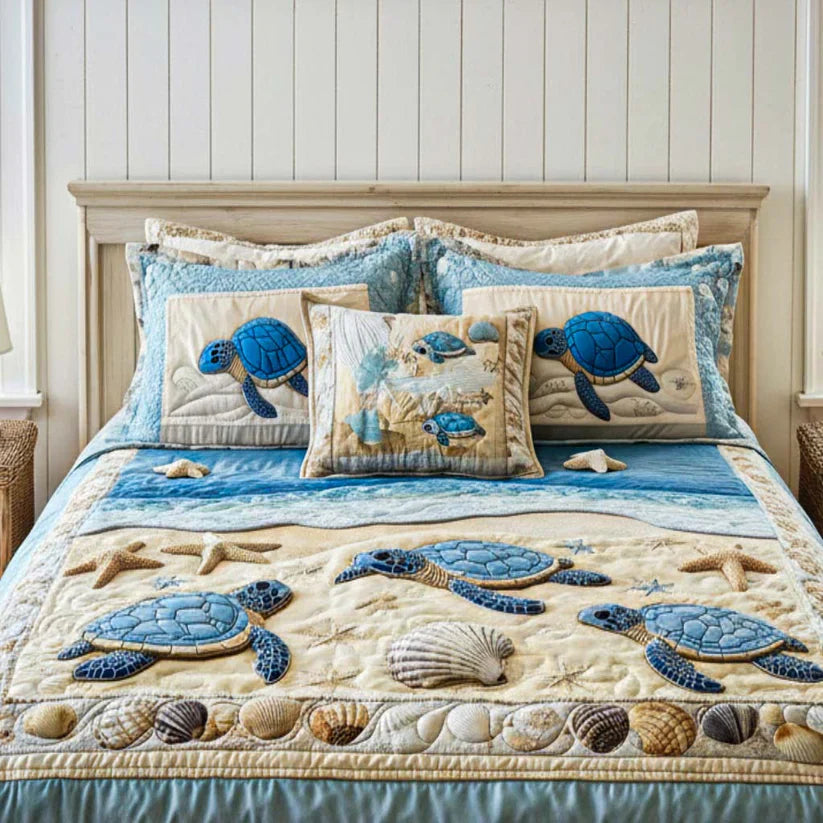 Juego de Ropa de Cama Acolchado de 3 Piezas con Olas del Océano
