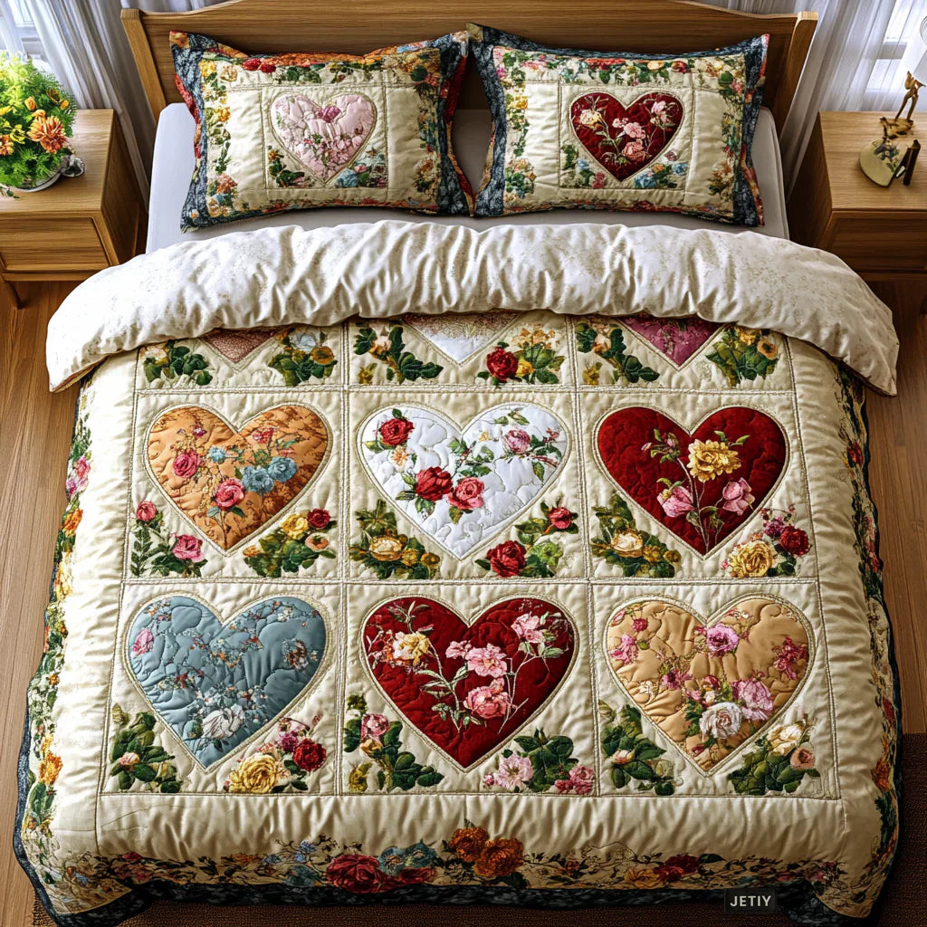 Juego de Ropa de Cama Acolchado de 3 Piezas - Corazones de Amor