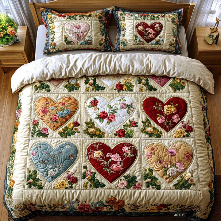Juego de Ropa de Cama Acolchado de 3 Piezas - Corazones de Amor