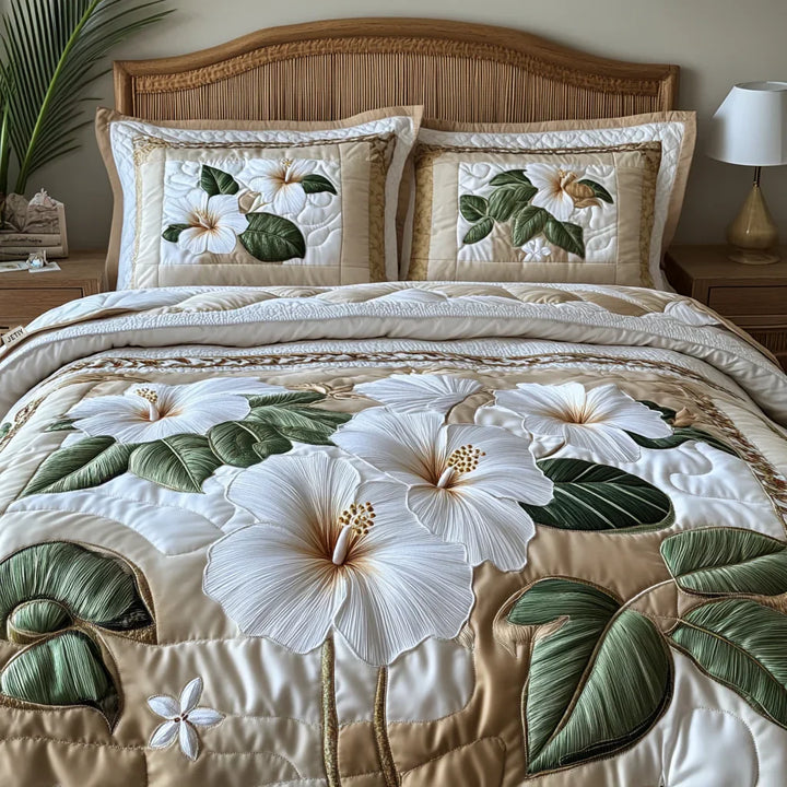 Juego de Ropa de Cama Acolchado de 3 Piezas - Hibisco Blanco